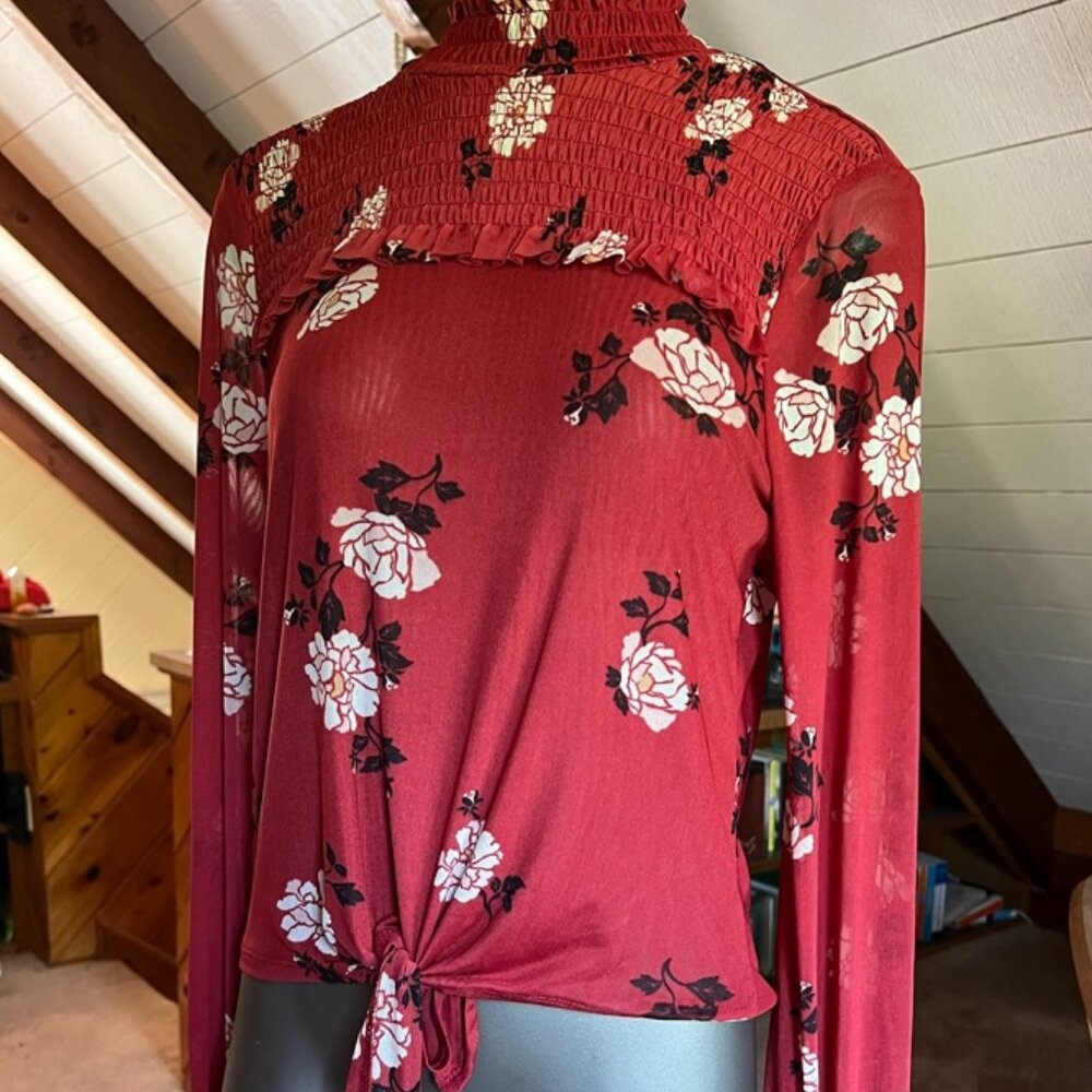 M - American Rag - Brick Red Floral Mesh Blouse with Tie Waist